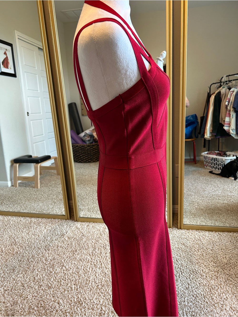 BEBE Red Halter Bandage Bodycon Strappy Evening Going Out Dress Size Medium - Picture 4 of 10